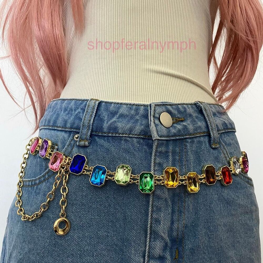 Gold Y2K Colorful Jewel Festival Waist Chain Belt, Fits 18-43 Inches, X7GA1484